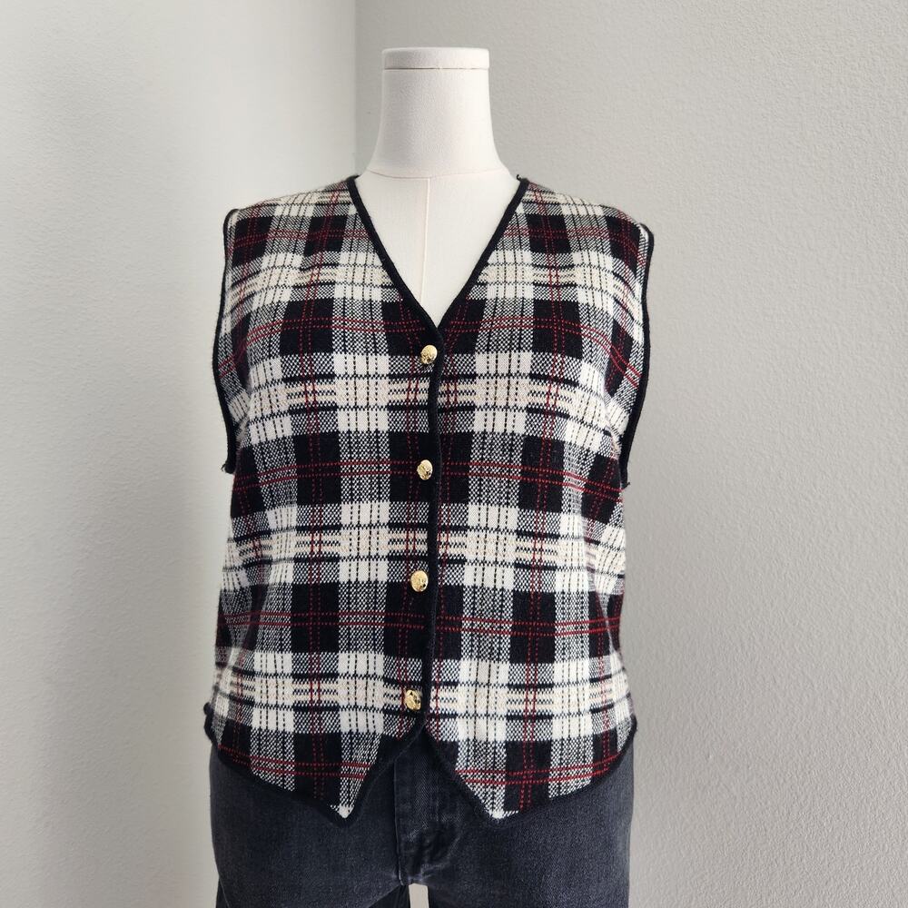 Vintage Rafaella Black Red White Plaid Button Sweater Vest Sleeveless Academia L